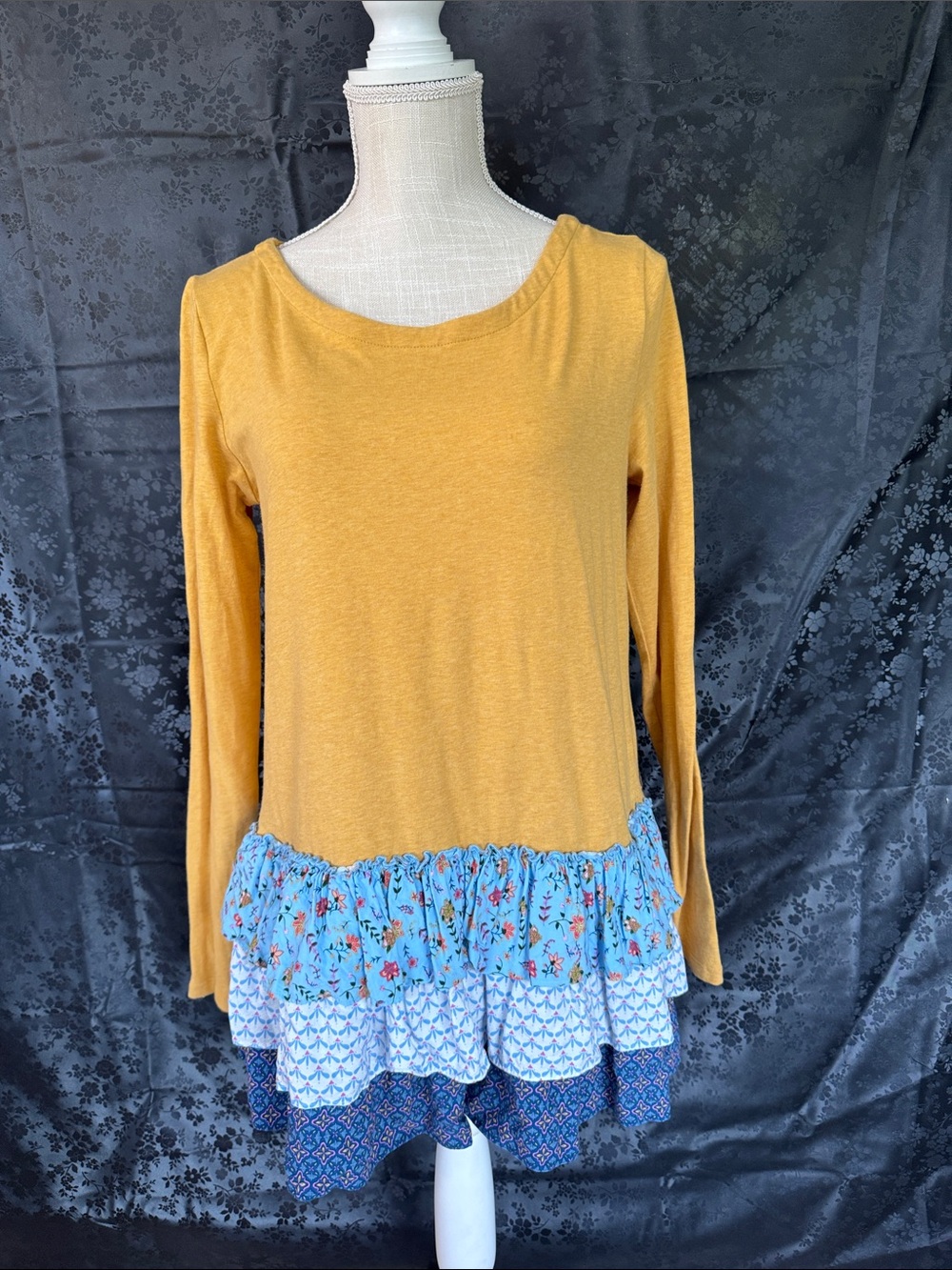 Matilda Jane Mustard Long-Sleeve Top with Blue Tiered Ruffle Hem